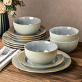 TheTerra Stoneware Dinnerware Sets for 4 12 Pieces Ceramic Plates and Bowls Sets Scratch Resistant Embossed Dish Set Oven Microwave &amp Dishwasher Safe Desert Sage