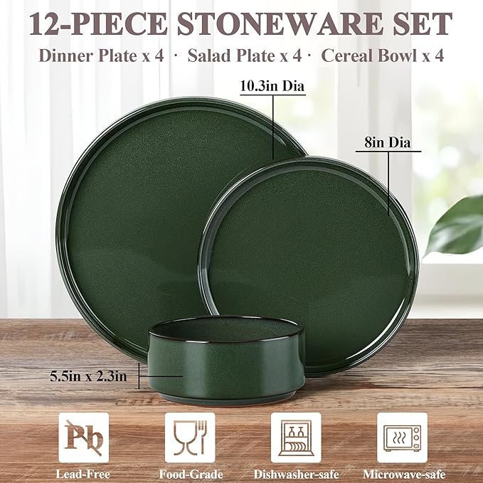 Herogo 12 Pieces Stoneware Dinnerware Set for 4 Ceramic Dinner Dishware Sets for Home Kitchen Plates and Bowls with Rustic Terracotta Bottom Dishwasher &amp Microwave Safe Dark Green