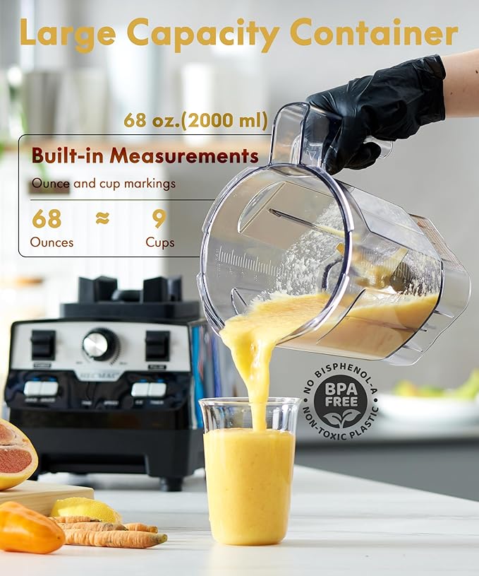 HECMAC 3-Peak HP Blender - 2200W Max/1400W Rated 68oz BPA-Free Pitcher 3 Programs Self-Clean Tamper - Smoothies Ice Crush Frozen Drinks Food Prep - Home &amp Commercial 110V