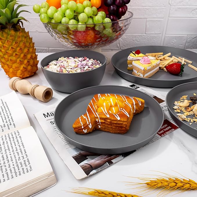 EI 12pcs Wheat Straw Dinnerware Set of 4Kitchen Plates and BowlsReuasble PlatesUnbreakable Dinner PlateHard Premium Plastic Plate for CampingPicnincHalloween