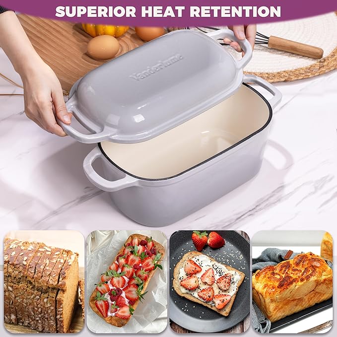 4.6-Quart Oval Dutch Oven 2 in 1 Cast Iron Bread Pan with Lid Sourdough Bread Dutch Oven for a Crispy Crust Oyster Grey