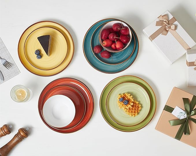 ONEMORE Plates and Bowls Set 12 PcsStoneware Dinnerware Sets for 4 MicrowavableOven &amp Dishwasher Safe PorcelainScratch Resistant Dishes Set