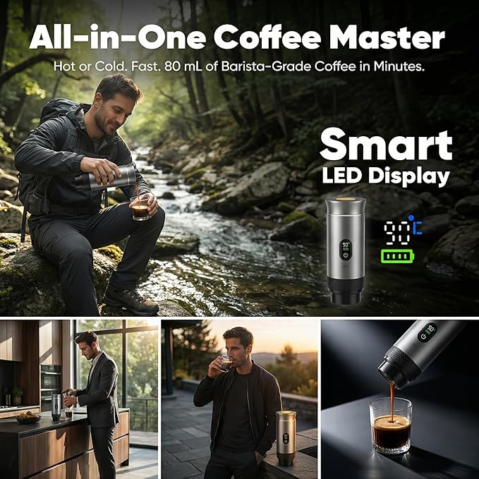 Portable Espresso Coffee Maker Battery Operated Rechargeable Travel Espresso Machine Self Heating Mini Coffee Maker for Camping &amp Car Works with Ground Coffee and Small/Large Capsules 80ml Cup