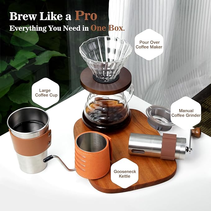 LHS Pour Over Coffee Maker Set - All in One Pour Over Coffee Kit Travel Pour Over Coffee Dripper Manual Coffee Maker Set Grinder Brewer Dripper and Cup Set Anniversary Birthday Gift Sets