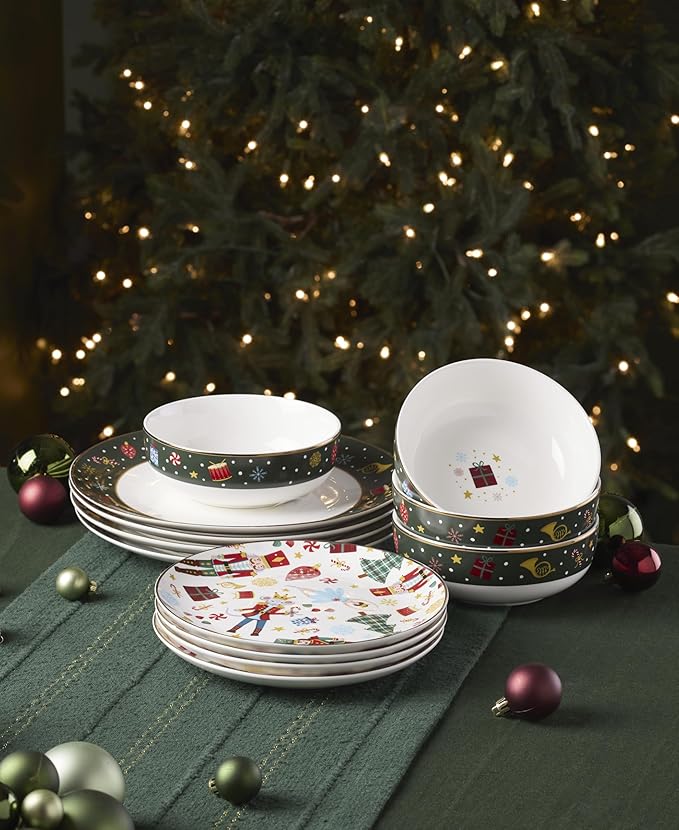 Lenox Dinnerware Set Nutcracker Ballet 12-Piece Dinnerware Set Service for 4 Made Of Porcelain Dishwasher/Microwave Safe Includes Plates and Bowls for Pasta and Salad Christmas Decor (12 Piece)