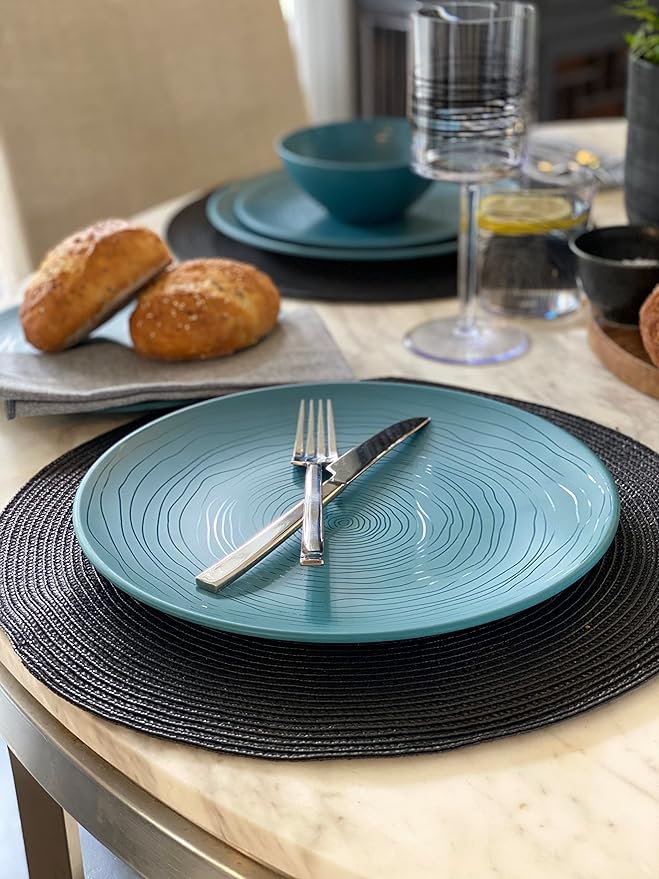 Bzyoo 12 Piece Melamine Dinnerware Set - Durable Dishwasher Safe Plates and Bowls - Casual Dining Parties Blue Dish Set Organica Blue Collection