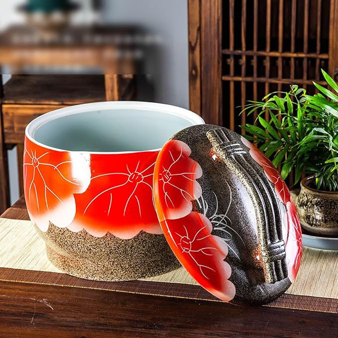 Ceramic Jar with Lid for Rice Porcelain Storage Bucket for Pet Food Chinese Style Ceramic Cylinder for Flour Porcelain Container for Chinese Retro Coffee Beans Ceramic Dispenser for Grains(CCapacity