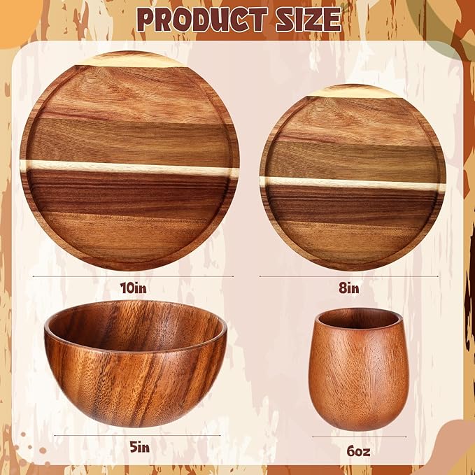Maxdot 24 Pcs Acacia Wood Dinnerware Set Round Wooden Plates Solid Wooden Bowls and Tea Cups Acacia Wood Tableware Supplies Lightweight for Dishes Snack Dessert Set for 4