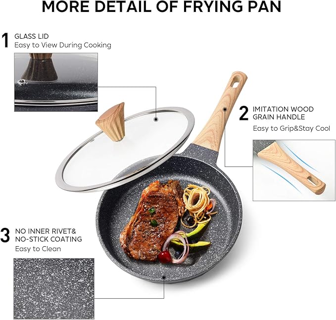 YIIFEEO Non Stick Frying Pan Set - Stone Skillet Set Kitchen Omelette Pans Induction Chef' Pan Grainte Cookware Set Nonstick Frying Pans with Lid(8inch&amp9.5inch&amp11inch)