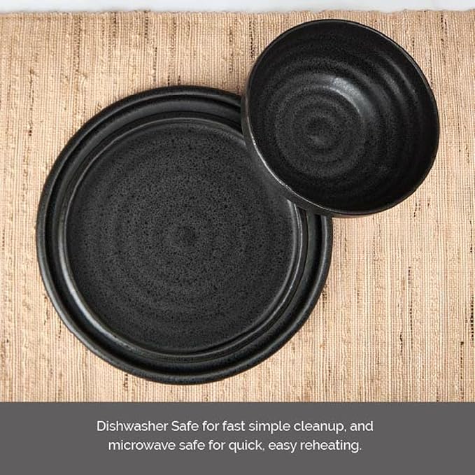 Mikasa Declan 12 Piece Stoneware Dinnerware Set Service for 4 Modern Black Plate and Bowl Dishes with High Rims Black
