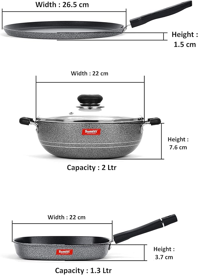 SUMEET NonStick Cawl Cookware Set (Dosa Tawa - 26.5Cm Dia Kadhai with Glass Lid -2Ltr - 22Cm Grill Pan)