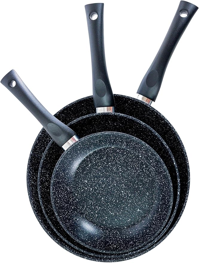 Set of 3 Frying Pans 20 24 28 mm + 2 Saucepans 18.3 cm Stone Style Exterior Black
