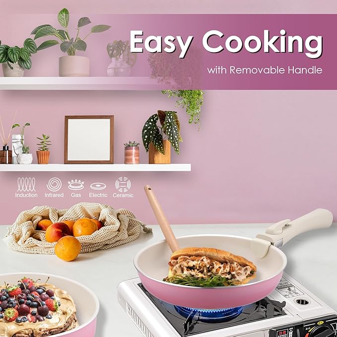 20pcs Ceramic Cookware Set Nonstick Detachable Handle Pots and Pans Set Non ToxicNo PFAS &amp PTFE &amp PFOA Dishwasher/Oven Safe RV Kitchen Set Removable Handle for Cooking Pink