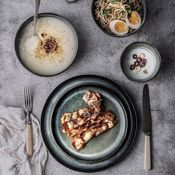Dinner SetPorcelain Dinnerware Sets Retro Kiln Changing Glaze 30 Pieces Ceramics Dinner Combination Set | Cereals Bowls and Steak Plates Sets for Restaurant