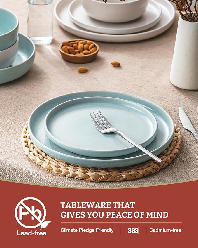 Famiware Milkyway Plates and Bowls Sets 12 Pieces Dinnerware Sets Reactive Glaze Dish Set Stoneware Dishes Set for 4 Matte Beige White &amp Light Blue