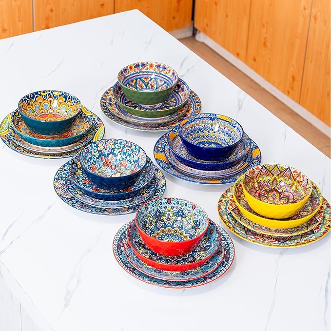 24 Pieces Dinnerware Sets Plates and Bowls Set Porcelain Dishes Set for 6 Microwave and Dishwasher Safe Scratch Resistant Bohemian Style Dishes Set Service for 6
