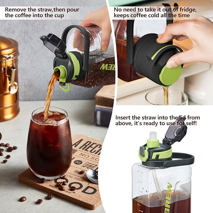 Cold Brew Coffee Maker 68oz Iced Coffee Tritan Pitcher with Filter 2 Pour Spout Lids For Airtight &amp Leak-Proof Coffee Barrel(Black)