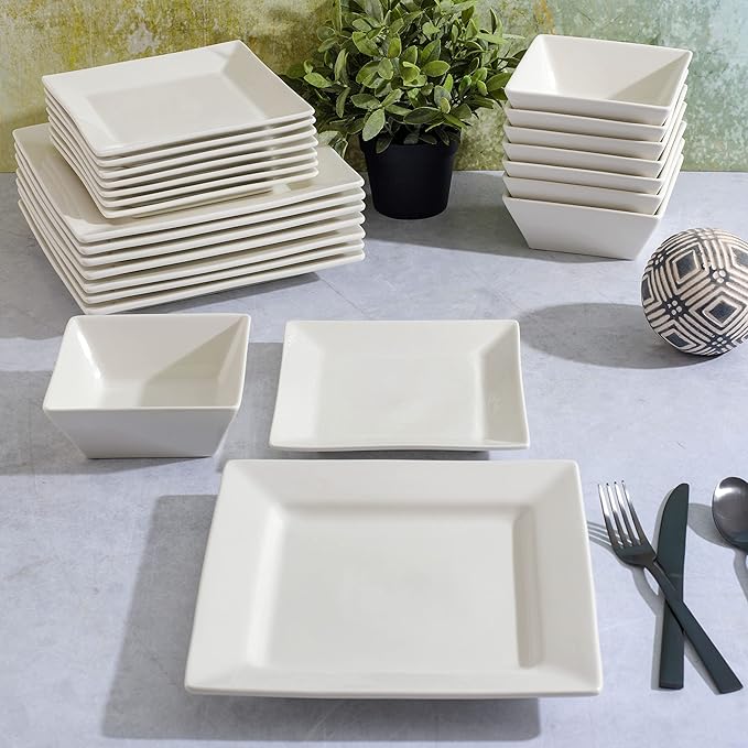Gibson Home Zen Buffet Hard Square Porcelain Chip and Scratch Resistant Dinnerware Set White Service for 8 (24pcs)