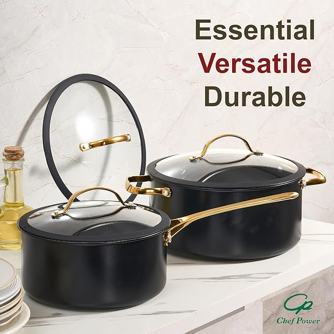 Chef Power Ceramic Cookware Sets 15Pcs Pots and Pans Set Non Stick Cookware Set with Stainless Steel Handle Dishwasher &amp Oven Safe Stone Black and Light Gold Handle