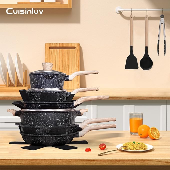 Pots and Pans Set Non Stick 17Pcs Kitchen Cookware Sets Granite Stone Induction Cookware Non Stick Cooking Set w/Frying Pans Saucepans Sauté Pan (PFOA Free) Black