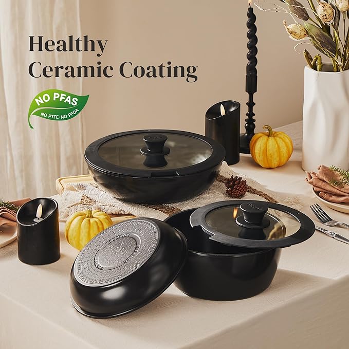 Redchef 16pcs Ceramic Pots and Pans Set Non Stick Nonstick Kitchen Cookware Set with Detachable Handle Non Toxic PFAS PFOA &amp PTFE Free RV Cookware Set for Camping Dishwasher/Oven Safe (Black)