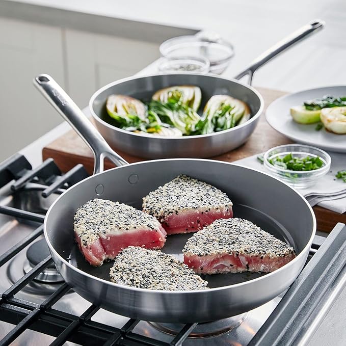 GreenPan GP5 Stainless Steel 5-Ply Healthy Ceramic Nonstick 13 Piece Cookware Pots &amp Pans Set Frying Pans Sauté Saucepans Stock Pot Scratch Resistant InductionDishwasher &amp Oven Safe PF