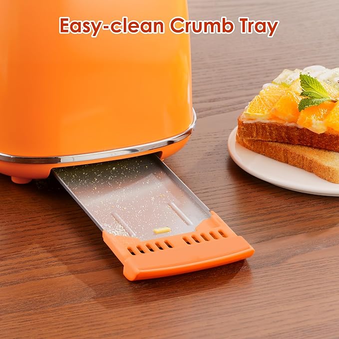 Roter Mond 2 Slice Toaster Retro Stainless Steel with Bagel Cancel and Defrost Functions 6 Bread Shade Settings Extra Wide Slots and Removable Crumb Tray Orange