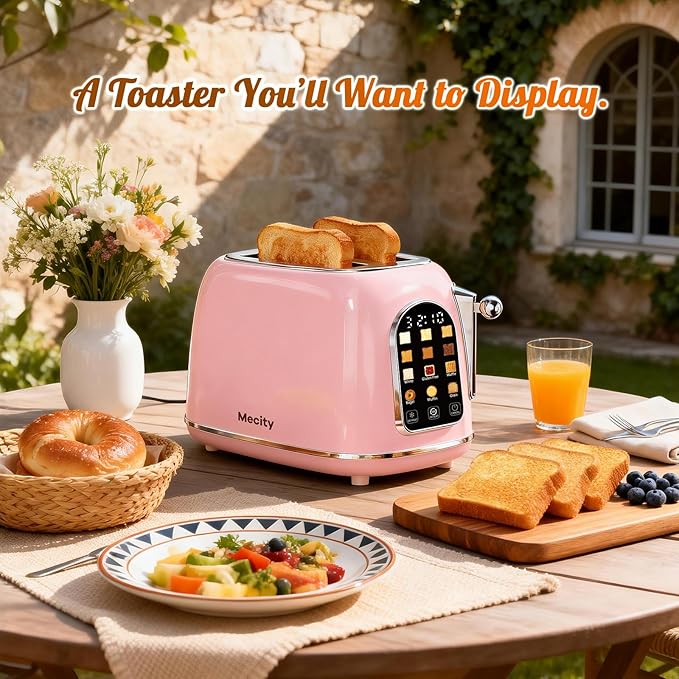 Mecity Toaster 2 Slice Touch Screen Wide Slot Retro Toaster For Breads Bagel Muffin Waffle House Warming Gift New Home 120V 825W Pink Color