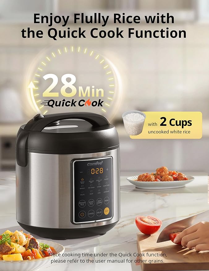 COMFEE' Rice Cooker 14-in-1 Stainless Steel Multi Cooker Slow Cooker Steamer Sauté and Warmer 5.3 QT 20 Cups Cooked (10 Cups Uncooked) Brown Rice Quinoa and Oatmeal