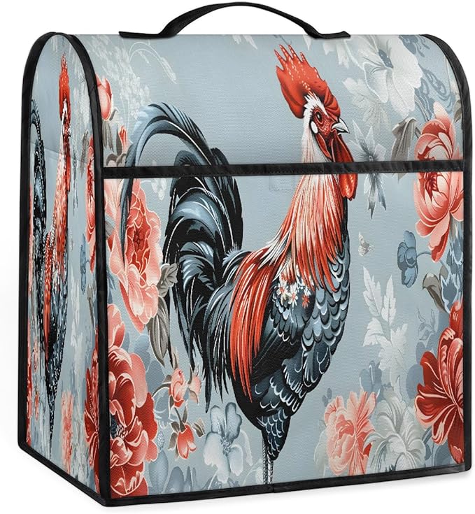 Kitchen Aid Mixer Cover Watercolor Rooster Chicken Floral Stand Mixer Cover Compatible with 6-8 Quarts Stand Mixers Dust Covers with Zipper Pocket Foldable Washable Kitchen Aid Organizer Bag