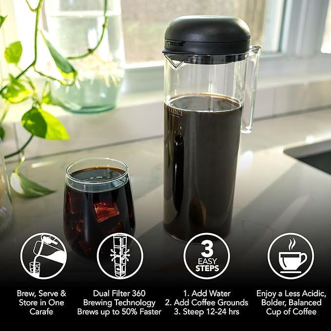 VINCI Cold Brew 360 Plastic Cold Brew Coffee Maker Featuring Patented Dual Filter 360 Brewing Technology Cold Brew for Iced Coffee (1.4 Liter / 47 FL.OZ)