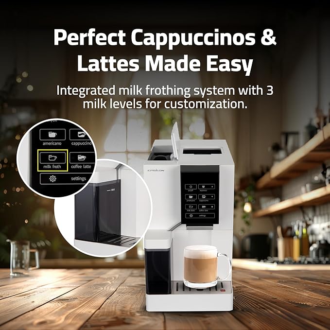 Epsilon Fully Automatic Coffee Machine Modern One Touch Espresso Machine Integrated Milk Frother and Custom Brewing Cafe Maker Compact Countertop Size Self Cleaning Cafetera (White)
