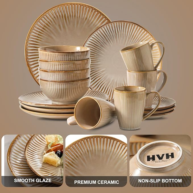 HVH Stoneware Dinnerware Sets 16 Pieces Plates and Bowls Sets Kitchen Dishes Set for 4 Dinner Dessert Plates Cereal Bowls and mugs for Party and Dinner Farmhouse Style (Sand Color)