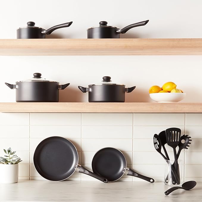 Amazon Basics Non-Stick Kitchen Cookware 15-Piece Set with Stay-Cool Handles Even Heating Non-Induction Includes Pots Pans and Utensils Black