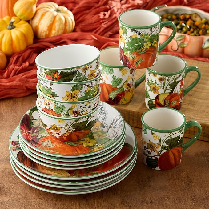 Harvest Fields 16-Piece Ceramic Dinnerware Set Service for 4 – Rustic Farmhouse Plates Mugs &amp Bowls for Cozy Dining &amp Entertaining