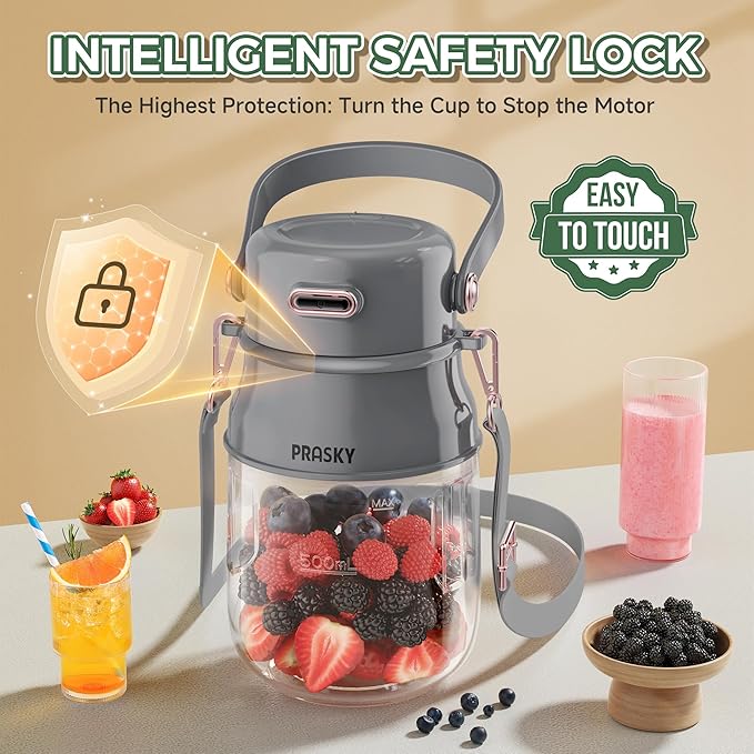 Portable Blender 27oz Personal Blender for Smoothies &amp Protein Shakes with 70W Motor &amp Smart Lock USB-C Rechargeable BPA-Free for Travel/Office/Home/Gym Drink Mixer with Strap Prasky (Ligh