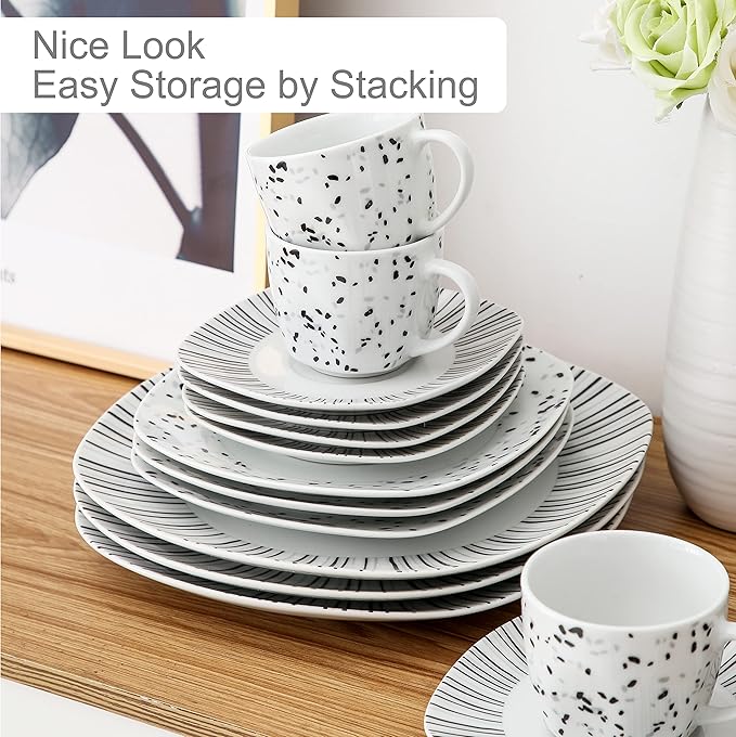 VEWEET Series BESLEY 30-Piece Ivory White Black Lines Porcelain China Ceramic Dinner Combi-Set with Dessert Plates/Soup Plates/Dinner Plates/Cups/Saucers Service for 6