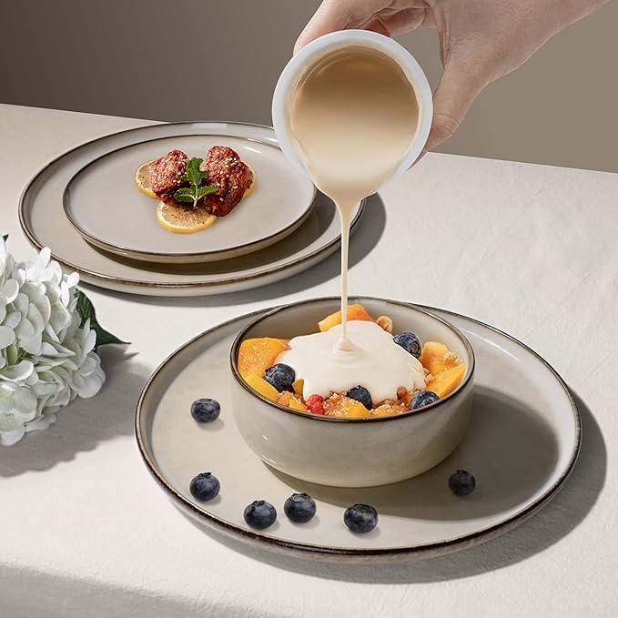 Herogo Stoneware Plates and Bowls Sets for 6 18 Pieces Modern Round Dinnerware Reactive Glaze Dishes Set for Kitchen Chip Resistant Microwave &amp Dishwasher Safe Cream Khaki