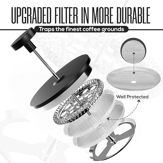 Utopia Kitchen 304 Grade Stainless Steel French Press Coffee Maker 17 Oz Double Wall Insulated Coffee Press with 4-Level Filtration system Include 2 Extra Filters Rust-Free Dishwasher Safe Black