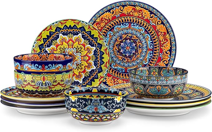 vancasso Plates and Bowls Sets12-Piece Porcelain Dinnerware Set Service for 4 Bohemian Style Dishes Set for 4 Kitchen Dinner Set Microwave and Dishwasher Safe Scratch Resistant Series KRVI