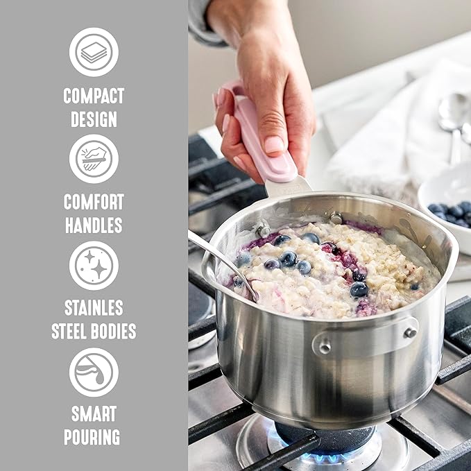 BK Twisting by Greenlife Stainless Steel 6 Piece Locking Lid Cookware Set Built in Strainer Induction Pots &amp Pans Drip-Free Pour Spouts Silicone Handles Saucepan Stock Pot Dishwasher Safe