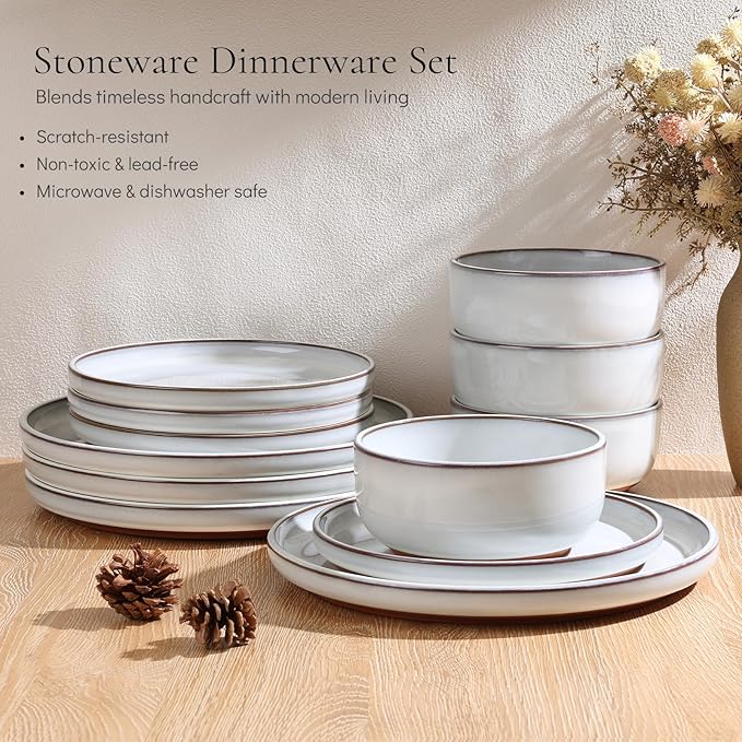 E-far Stoneware Dinnerware Sets for 6 18 Pieces Reactive Glaze Plates and Bowls Sets Elegant Dishes with Rustic Terracotta Clay Base Dishwasher &amp Microwave Safe Scratch Resistant Glacier Whit