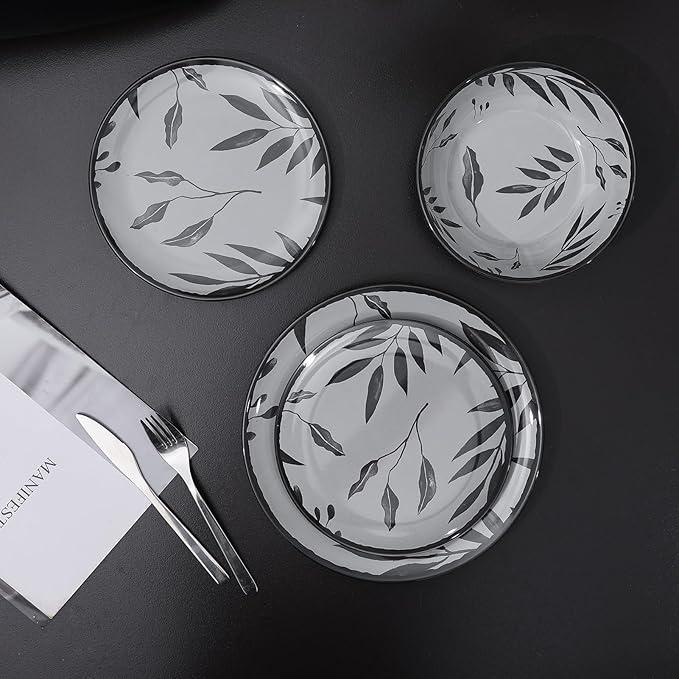 12pcs Melamine Dinnerware Set - Service for 4 Melamine Plates and Bowls Set Unbreakable Dinner Salad Dessert Plate Cereal Bowl Set for Indoor/Outdoor Gray Leaf
