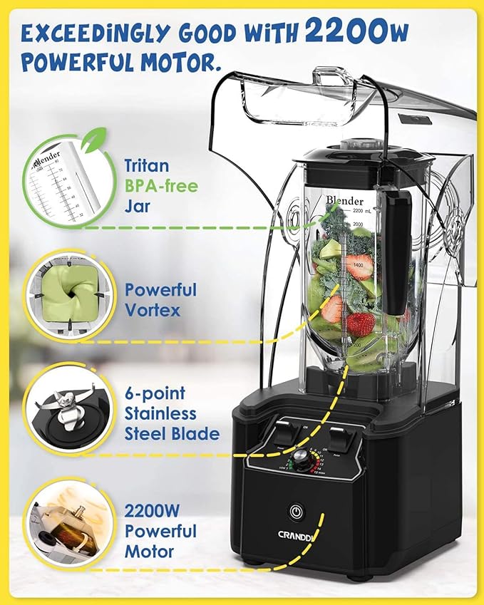 CRANDDI Commercial Quiet Blender K90 with BPA-FREE 80oz Pitcher