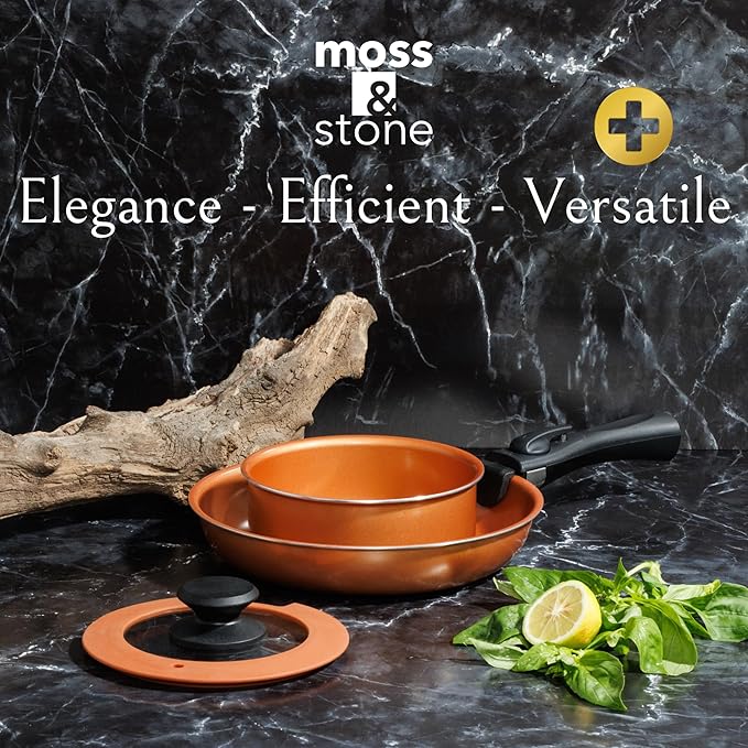 Moss &amp Stone Copper Pots And Pans Set Nonstick Removable Handle Cookware Stackable Pots And Pans Set Dishwasher safe Induction Pots And Pans Camping Cookware Set Aluminum (7 Pcs)