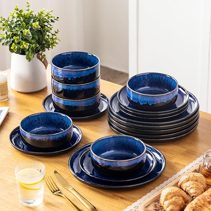 vancasso Starry 18 Pieces Dinnerware Sets for 6 Blue Reactive Glaze Dishes Sets Ceramic Plates and Bowls Set Dinner Salad Dessert Plates and Cereal Bowls Set Dishwasher and Microwave Safe