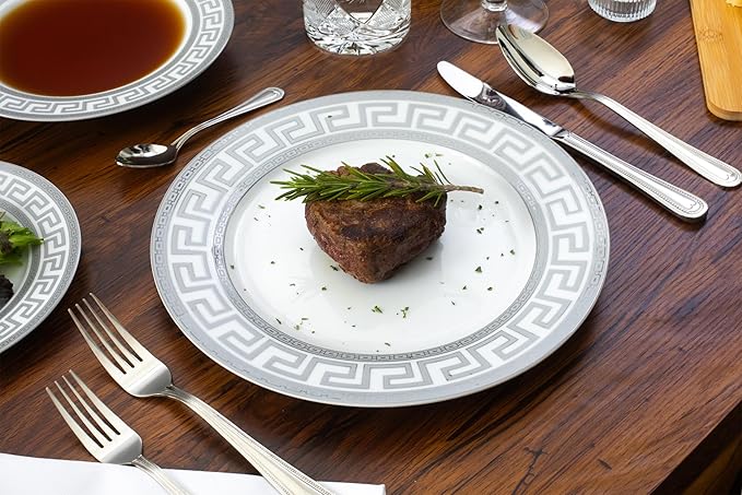 Porcelain Dinnerware Set for 1 - White and Silver Luxurious 4 Piece Greek Key Design - Elegant Dinner Plates with Mugs - Dining Kitchenware for Home Formal Occasions and Everyday Dishes