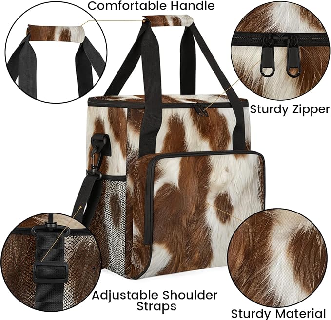 Cow Skin Brown And White Coffee Maker Carring Bag Large Insulated Storage Organizer Case Tote Bags with Shoulder Strap for Travel Work Picnic