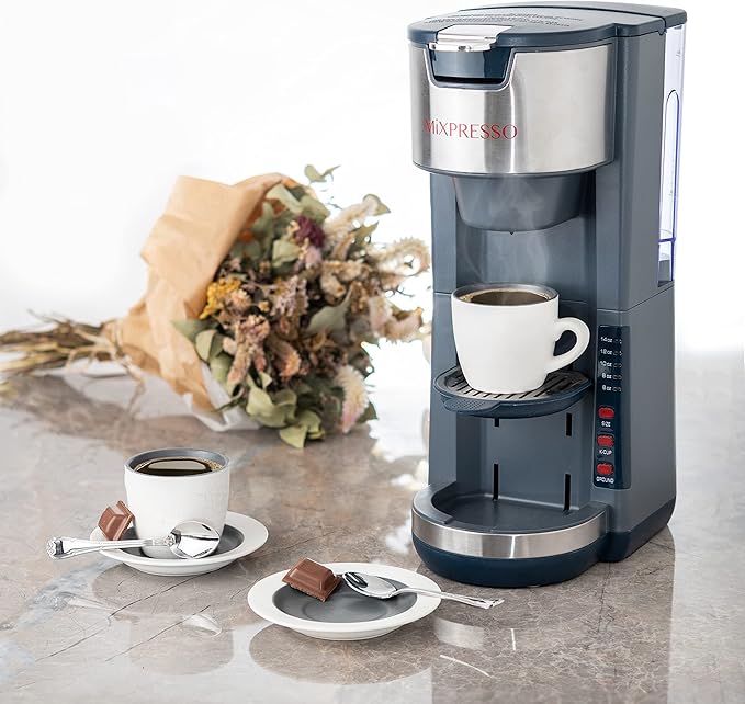Mixpresso Gray Single Serve Coffee Brewer K-Cup Pods Compatible &amp Ground 30 oz Compact Coffee Maker Single Serve With 5 Brew Sizes Up To 14 Oz Fits Travel Mug Adjustable Drip Tray
