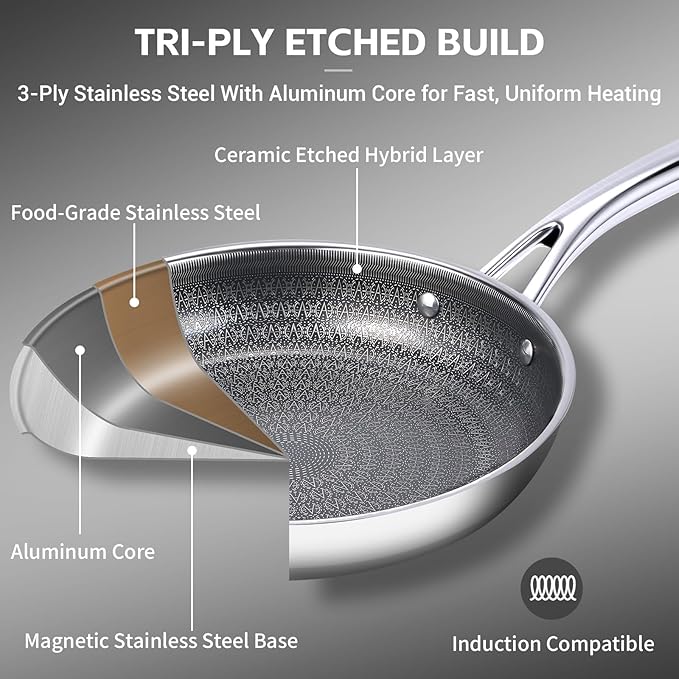 Ammeloo 17 Pcs Nonstick Stainless Steel Cookware Set Hybrid Stainless Steel Pots and Pans Set Non Stick Non Toxic Kitchen Cookware Sets Dishwasher &amp Oven Safe Induction &amp All Cooktop Compa